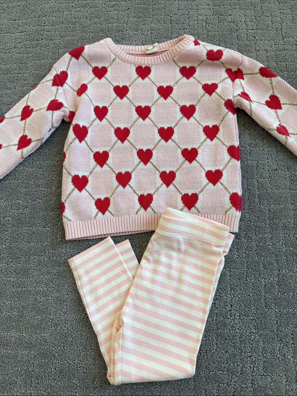 Tucker + Tate Pink Sweater and Striped Legging Pajama Set with Red Hearts